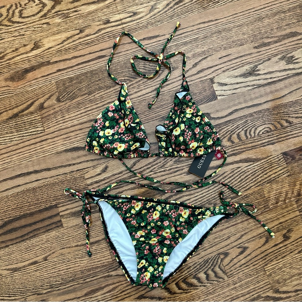 Guess Dark Green Floral Tie-String Bikini